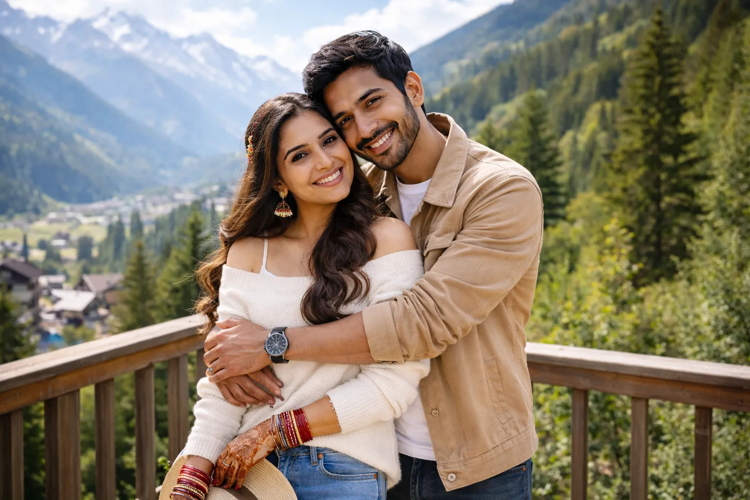 Indian newlywed couple on honeymoon tour package to Himachal hill stations by Ozel Cabs